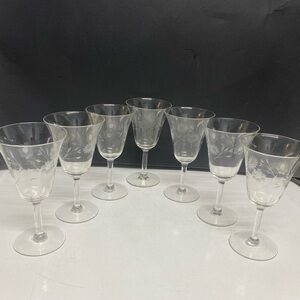 Floral Etched Wine Water Crystal Glasses Set of Seven